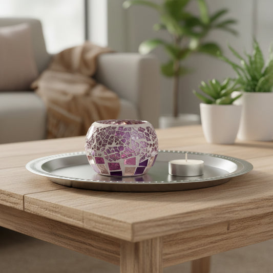 Mosaic tealight holder on a tray on coffee table with loung room in background.