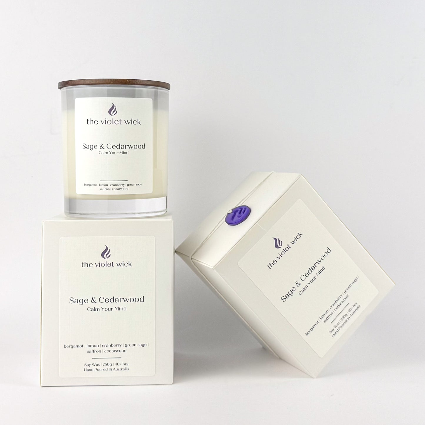 Sage & Cedarwood soy candle by The Violet Wick on white background