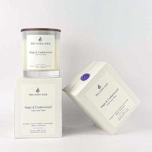 Sage & Cedarwood soy candle by The Violet Wick on white background