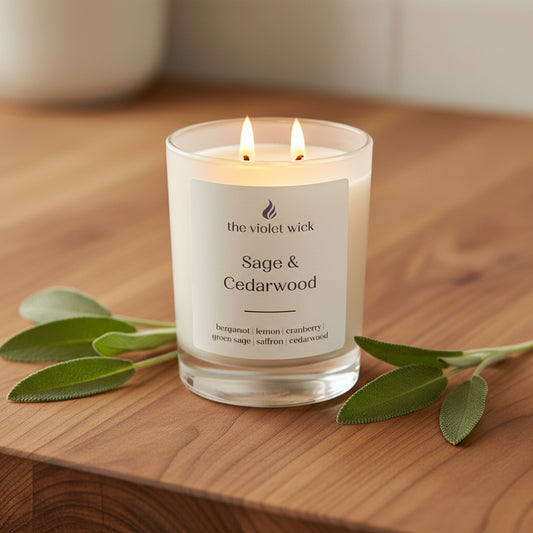 Sage & Cedarwood soy candle on a cedarwood bench with sage leaves beside it