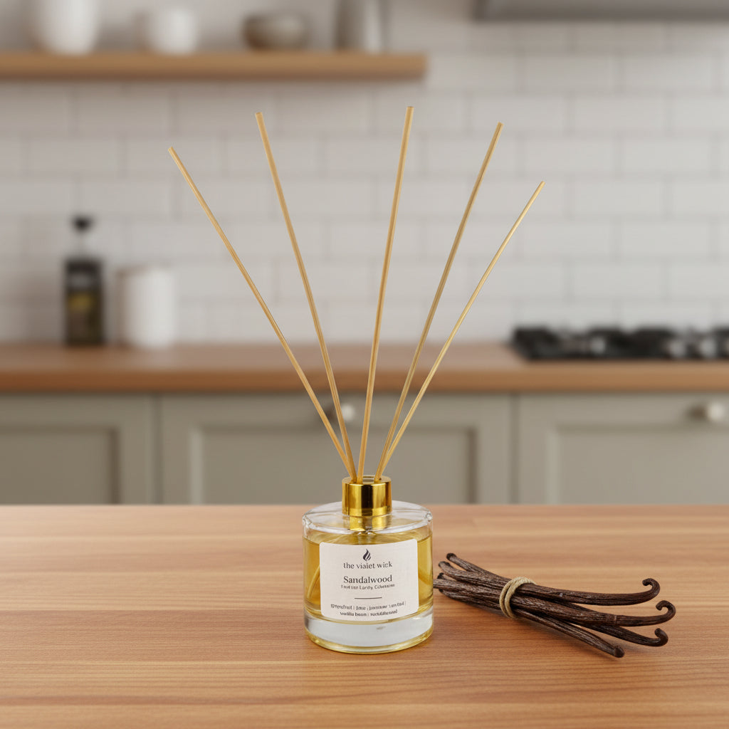 clear diffuser bottle with gold lid on a sandalwood kitchen bench and vanilla pods