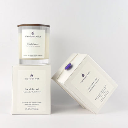 Sandalwood soy candle by The Violet Wick on white background