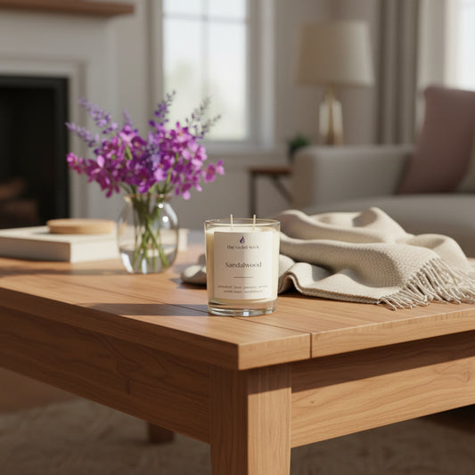 Sandalwood soy candle on timber coffee table and purple flowers in a vase