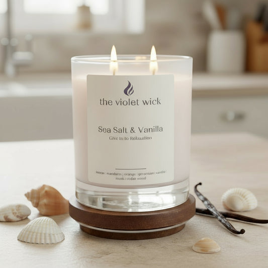 Sea Salt & Vanilla Soy Candle | lemon, mandarin, orange, geranium, vanilla,  musk & cedar wood