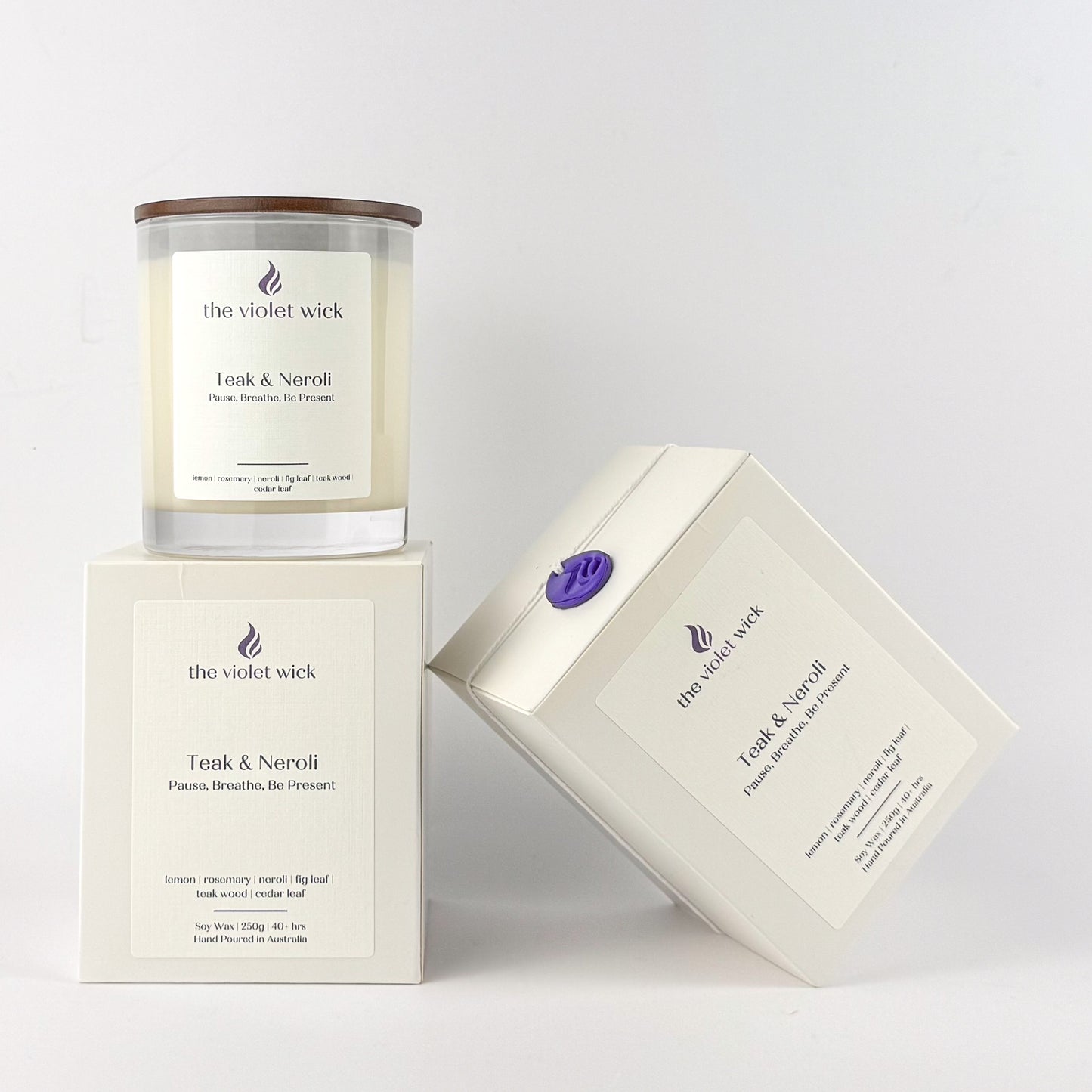 Teak & Neroli soy candle by The Violet Wick on white background