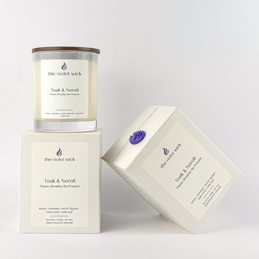 Teak & Neroli soy candle by The Violet Wick on white background