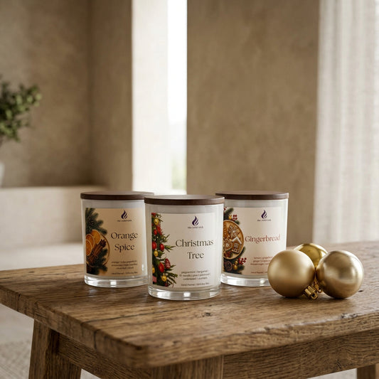 Trio Christmas Candle Bundle by The Violet Wick on coffee table with gold baubles.