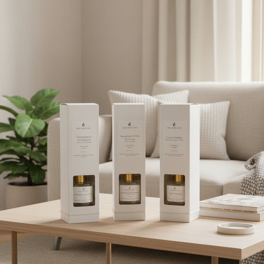 Trio reed diffusers in white boxes on coffee table