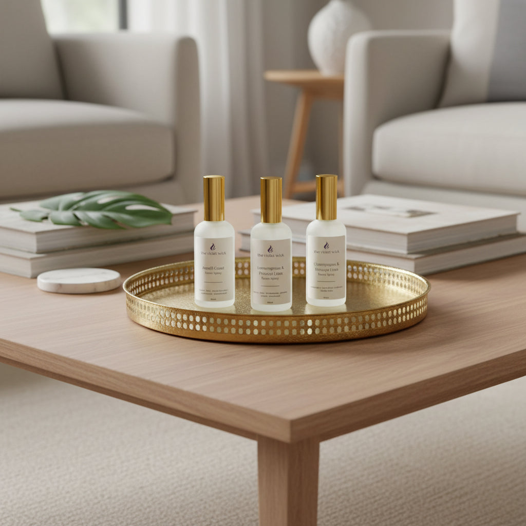 three white room spray bottles on a tray on coffee table with living room in background