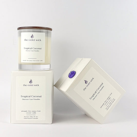 Tropical Coconut soy candle by The Violet Wick on white background