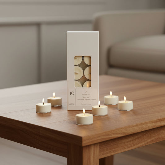 unscented tealights in white box, on timber table