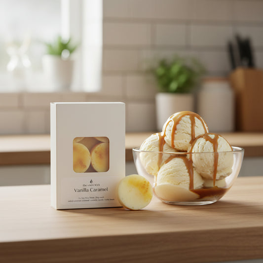 six pack botanical soy wax melt on kitchen bench with bowl of vanilla ice cream and caramel topping