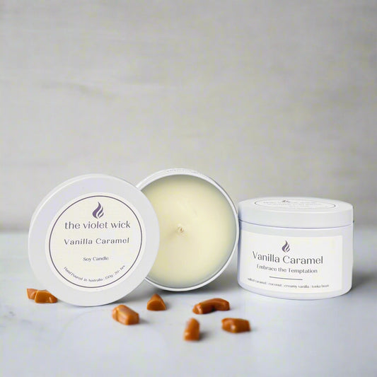 Vanilla Caramel candle in white tin from The Violet Wick