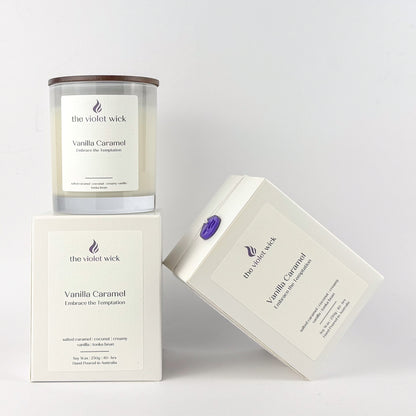 Vanilla Caramel soy candle by The Violet Wick on white background