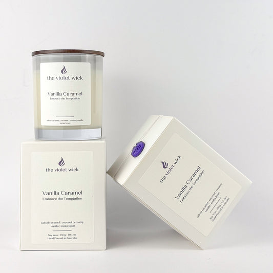 Vanilla Caramel soy candle by The Violet Wick on white background