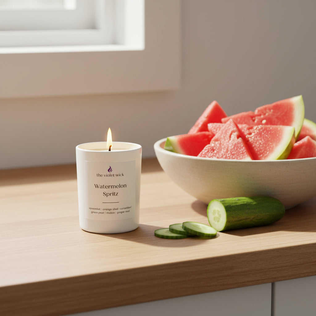 Watermelon Spritz Petite Soy Candle by The Violet Wick placed on a timber kitchen bench with sliced watermelon and cucumber.