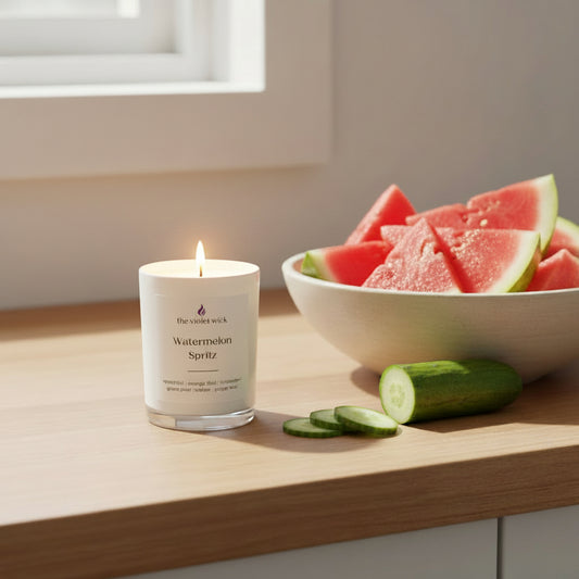 Watermelon Spritz Petite Soy Candle by The Violet Wick placed on a timber kitchen bench with sliced watermelon and cucumber.