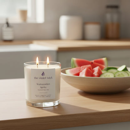 Watermelon Spritz soy candle by The Violet Wick on a wooden kitchen bench with bowl of watermelon and cucumber slices.