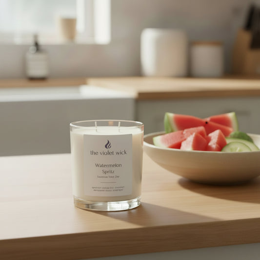 Watermelon Spritz soy candle by The Violet Wick on a wooden kitchen bench with bowl of watermelon and cucumber slices.