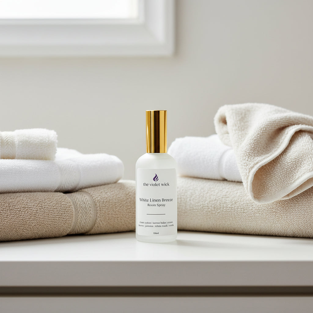 white room spray bottle labeled White Linen Breeze on white bench with folded towels