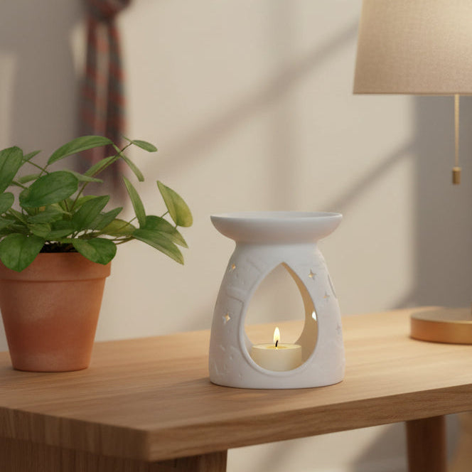 white porcelain tealight burner on entry table with lamp and plant