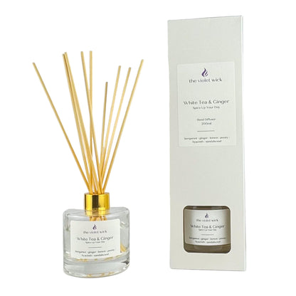 White Tea & Ginger Reed Diffuser in glass bottle and gold lid by The Violet Wick