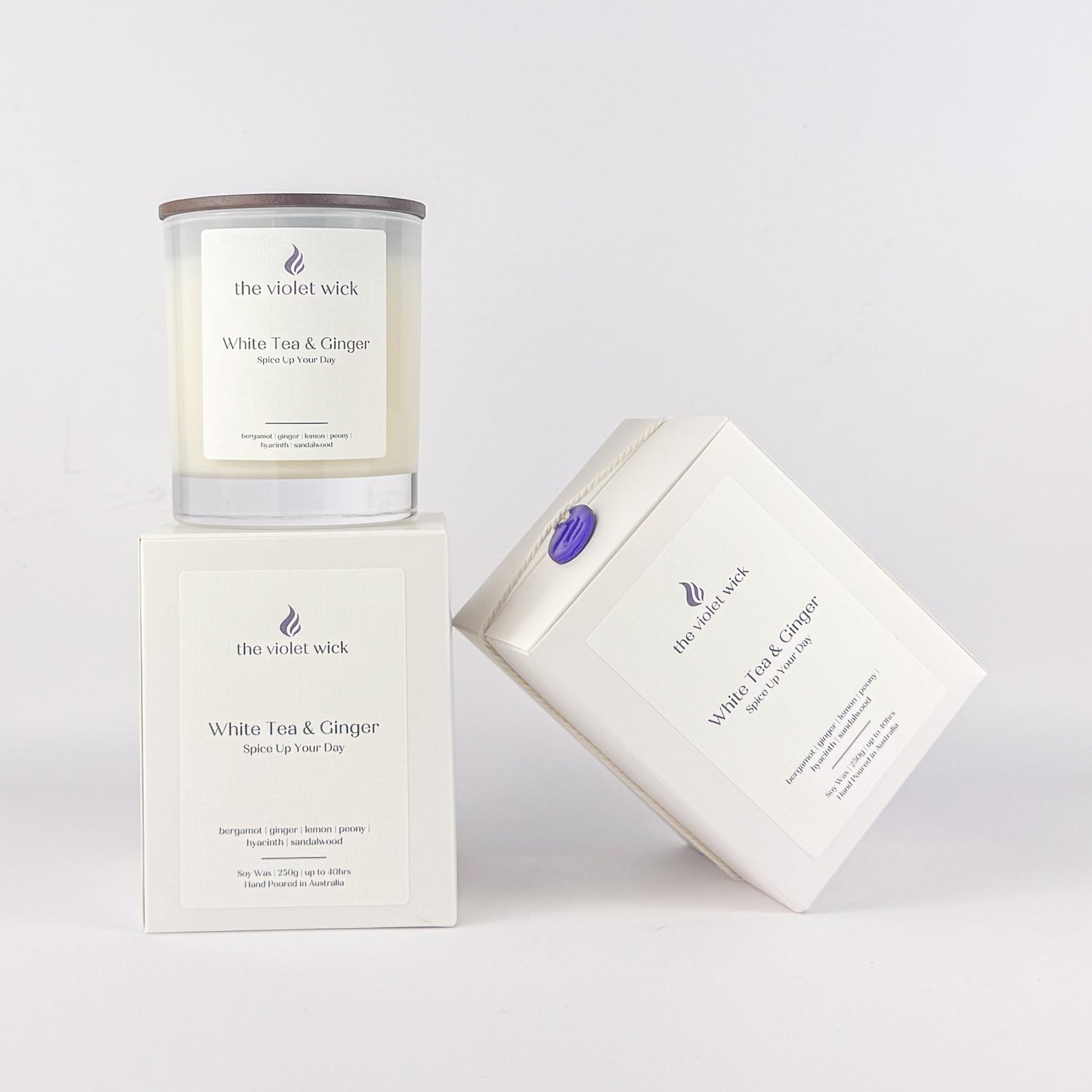 White Tea & Ginger Soy candle in white jar with timber lid by The Violet Wick