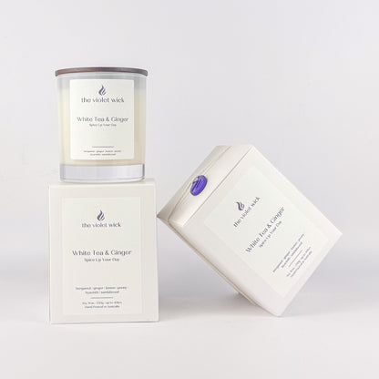 White Tea & Ginger Soy candle in white jar with timber lid by The Violet Wick