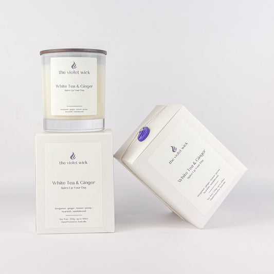White Tea & Ginger Soy candle in white jar with timber lid by The Violet Wick