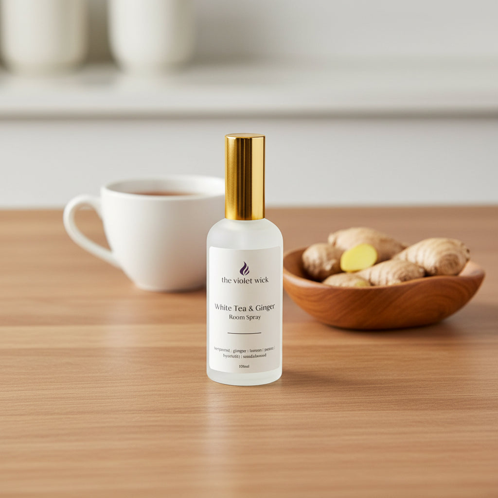 white room spray bottle labeled White Tea & Ginger on a timber table, cup of tea and bowl of ginger