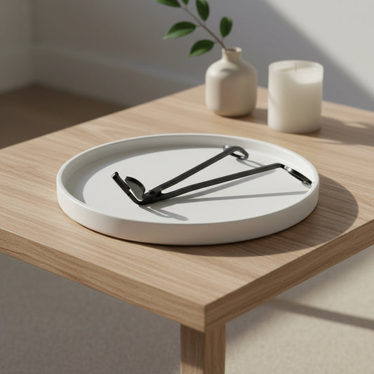 Black Wick Trimmer from The Violet Wick on white tray on timber coffee table