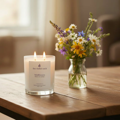 white candle jar on timber coffee table with vase of wildflowers and lounge in background