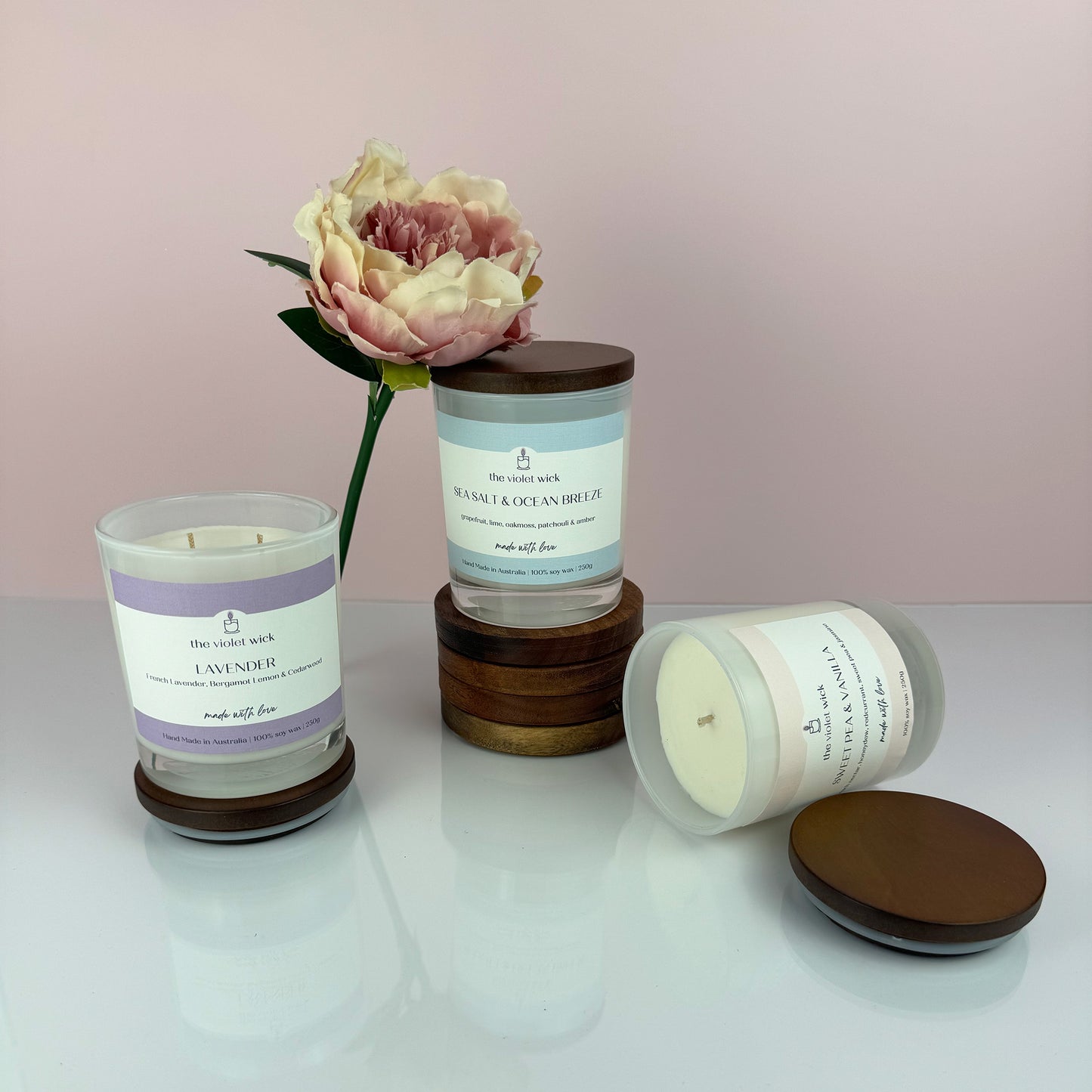 Your Choice soy candle bundle from The Violet Wick, three scented soy candles in glass jar and timber lid, 250g each.